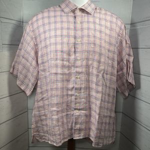 Peter Millar Men's Plaid Button Front Shirt Short Sleeve Linen Pink Size Large